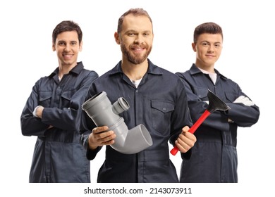 Three plumbers in uniforms holding working tools isolated on white background - Shutterstock ID 2143073911