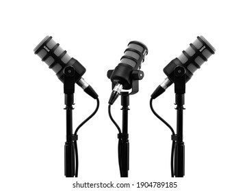 Three podcast microphones on a tripod, a black metal dynamic microphone on an isolated white background, for recording podcast or radio program, show, sound and audio equipment, technology, Photo, DJ - Shutterstock ID 1904789185