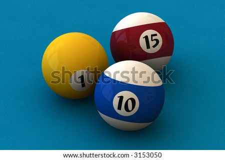 Three pool balls on a blue billiard table (3D rendering)