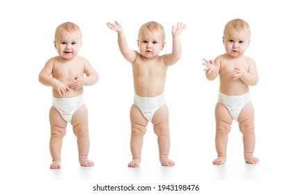 Three Poses Of Standing Baby Isolated On White Background. Emotional Toddler Weared Diaper