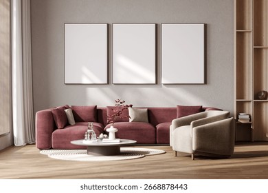 Three poster frames mockup in modern living room with red couch, triptych, 3d rendering 