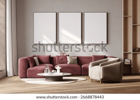 Three poster frames mockup in modern living room with red couch, triptych, 3d rendering 