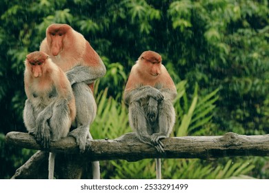 Three proboscis monkeys sitting on a branch in the rain amidst lush greenery in Borneo - Powered by Shutterstock