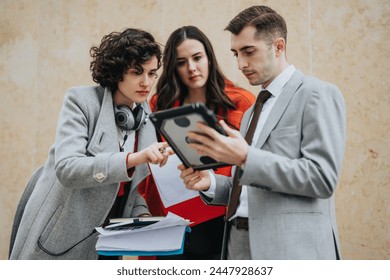 Three professional business associates actively engaged in analyzing data on a digital tablet, showcasing teamwork and collaboration outside the office. - Powered by Shutterstock