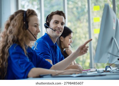 Three professionals collaborate on computer screen within bright office environment. These figures engage with digital information while exhibiting positive expressions and confidence. setting suggests problem-solving, support, or efficient operations.