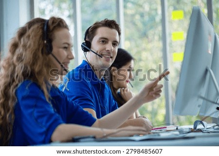 Three professionals collaborate on computer screen within bright office environment. These figures engage with digital information while exhibiting positive expressions and confidence. setting suggests problem-solving, support, or efficient operations.