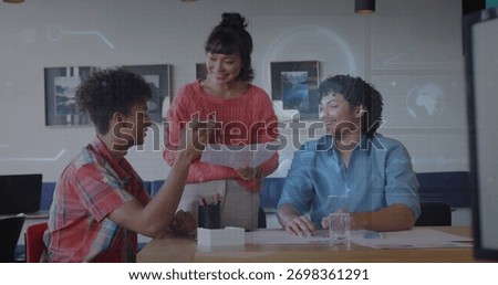 Three professionals collaborating around table in office, with printed documents pen and laptop. Collaboration, teamwork, brainstorming, modernoffice, professional, meetingroom, creativeamespace