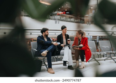 Three professionals having a business meeting with coffee in a shopping center, sharing ideas and strategies. - Powered by Shutterstock