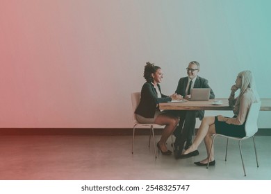 Three professionals in a meeting, discussing business. Diverse team collaborating at a table, engaged in conversation, business attire. Business teamwork, collaboration concept with copy space. - Powered by Shutterstock