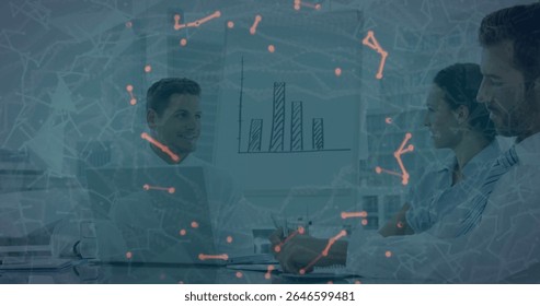 Three professionals wearing business attire analyzing bar chart in office, with network overlay. Corporate, teamwork, analytics, digital, innovation, modern, presentation