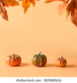 Three Pumpkins With Social Distancing For Thanksgiving Day Or Halloween Party On Orange Background, Copy Space.