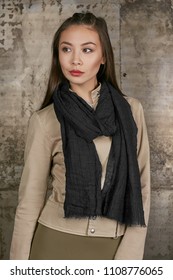 Three quarter isolated studio portrait of a young Asian lady in an olive skirt, a beige jacket and a black scarf. The brunette girl posing over the grunge rusty background, looking to the side.