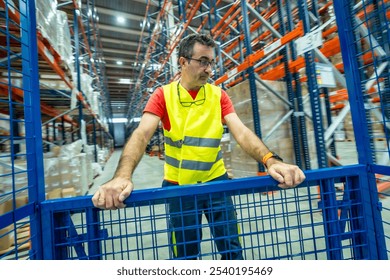 Three quarter length photo of a mature man in protective gear working in a storage warehouse - Powered by Shutterstock