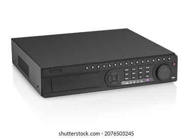 Three quarter view of simple black digital video recorder, isolated
