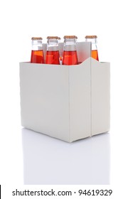 Three Quarters View Of A Six Pack Of Strawberry Soda Bottles Over A White Background With Reflection.