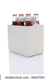 Three Quarters View Of A Six Pack Of Cola Soda Bottles Over A White Background With Reflection.