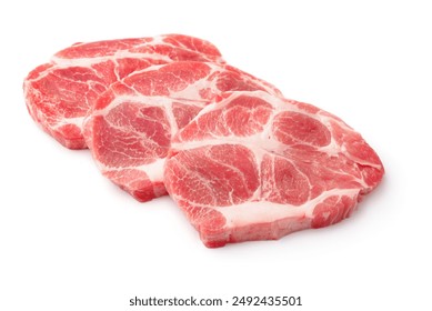 Three raw fresh pork meat steaks isolated on white