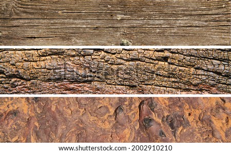 Three rectangular strips containing material of old grunge wooden background with texture.