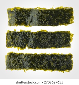 Three rectangular strips of dark green, roasted seaweed snacks are arranged horizontally against a white background.
