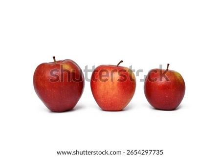 Three red apples in different sizes. Concept of comparison, growth, and natural variation in fruit