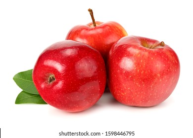 three red apples with green leaves isolated on white background