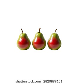 Three red apples with stems and slight blemishes on white background, fruit close-up