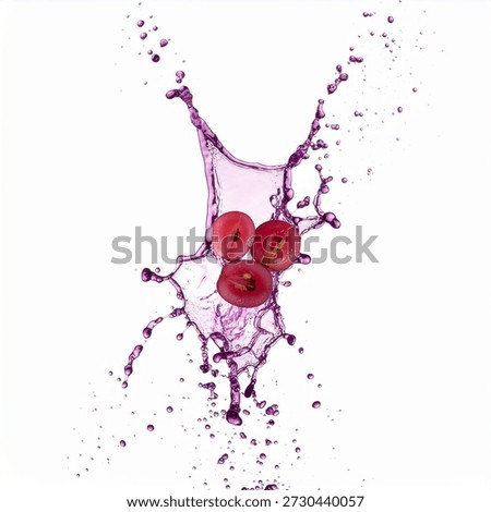 Three red cherries surrounded by splashing purple liquid, isolated on a clean white background.