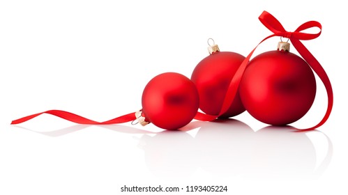 Three red Christmas decoration baubles with ribbon bow isolated on white background - Shutterstock ID 1193405224