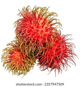 Three red rambutans on a white background