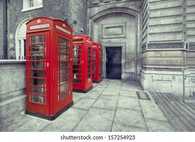 Three Red Telephone Boxes Near Royal Academy Of Arts