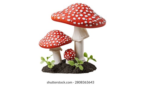 Three red and white spotted fly agaric mushrooms growing in dark soil