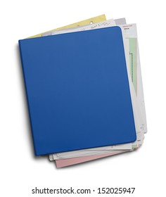 Three Ring Binder With Shuffled Papers Isolated On White Background.