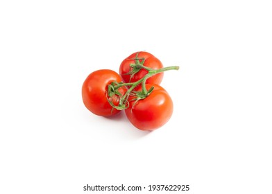 Three Ripe Tomatoes On The Vine Isolated On A White Background. Tomato With Clipping Path. Full Depth Of Field. Close Up.