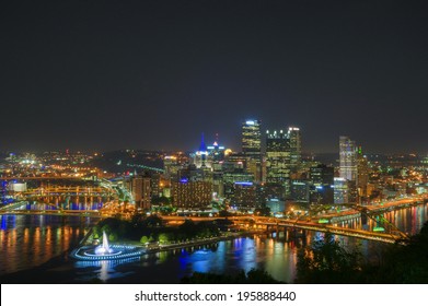 Three Rivers Meet In Downtown Pittsburgh At Night.