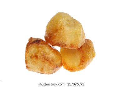 Three Roast Potatoes Isolated Against White