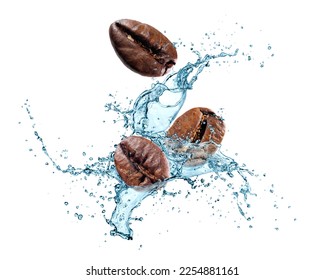 Three roasted coffee beans in blue water splash on white background - Shutterstock ID 2254881161