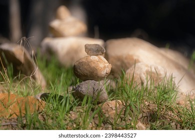 Three rocks in a row surrounded by green gras.  