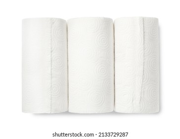 Three Rolls Of Paper Towels On White Background, Top View