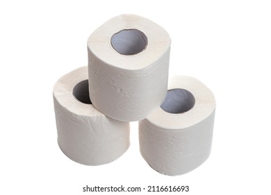 Three Rolls Of Toilet Paper Stand In A Pyramid On A White Isolated Background