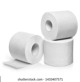 Three rolls of white toilet paper, isolated on white background
