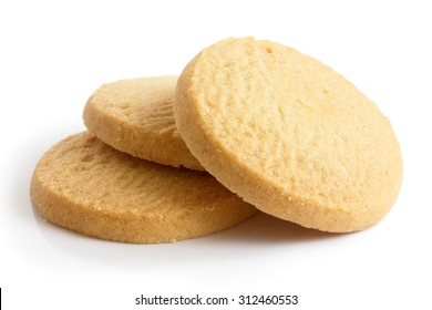 Three round shortbread biscuits isolated on white.