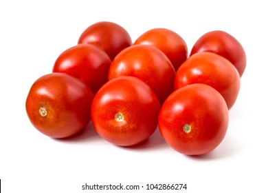 Three rows of red tomatoes on white isolated background