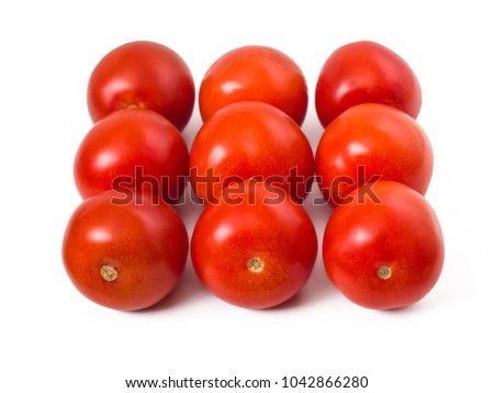 Three rows of tomatoes on three tomatoes in each row, on white isolated background