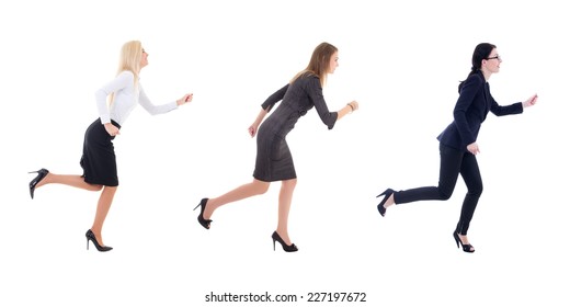 Three Running Business Women In Business Clothes Isolated On White Background