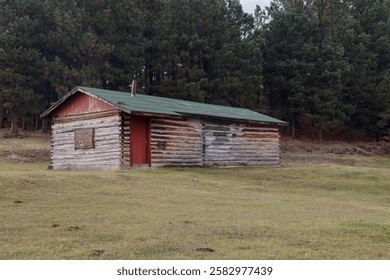 Three rustic log cabins sit in a mountain field among dense evergreens. The largest features a red door and green roof, while two smaller cabin, one partially collapsed, evoke rugged charm.