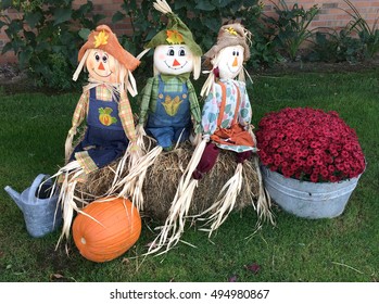 Three Scarecrows Dressed Up For The Halloween Trick Or Treaters.