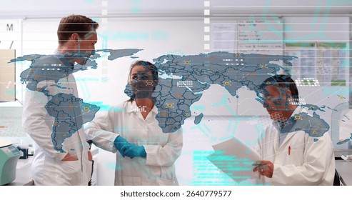 Three scientists analyzing printed documents and whiteboard in research lab, with digital world map. Research, collaboration, innovation, technology, analytics, teamwork, analysis
