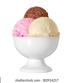 Three Scoops Of Chocolate, Strawberry And Vanilla Ice Cream In Sundae Dish Bowl Isolated On White Background.