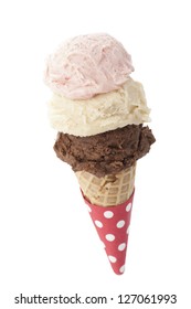 Three scoops of ice cream in a sugar cone over white background - Shutterstock ID 127061993