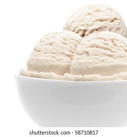 Three Scoops Of Vanilla Ice Cream In Bowl On White Background